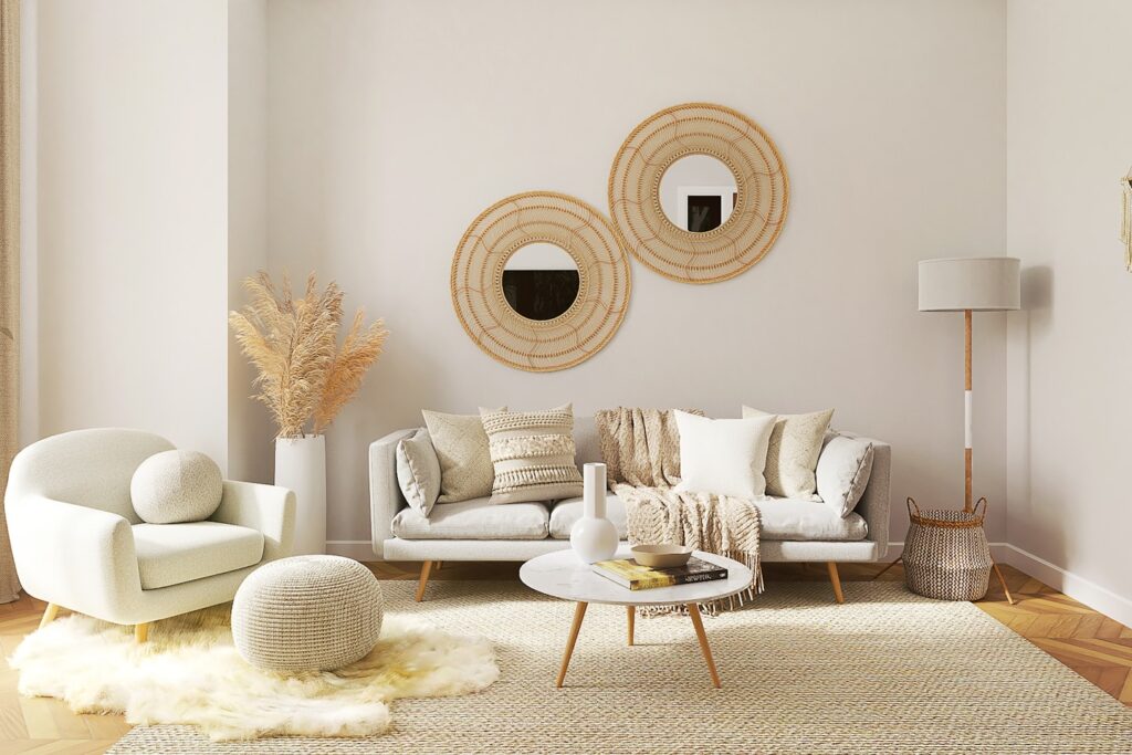 a living room filled with furniture and a mirror