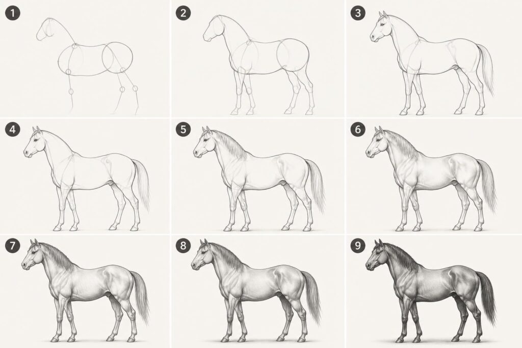 apprenez à dessiner des chevaux facilement grâce à notre guide étape par étape, adapté aux débutants comme aux passionnés d'art.