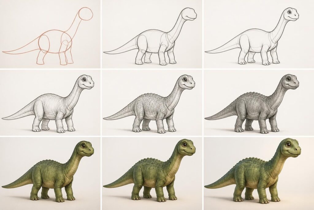 apprenez à dessiner un dinosaure simple et réaliste facilement, étape par étape, spécialement conçu pour les enfants.