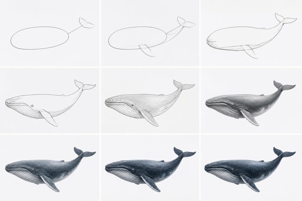 apprenez à dessiner une baleine facilement grâce à ce guide en étapes simples, idéal pour débutants et enfants.
