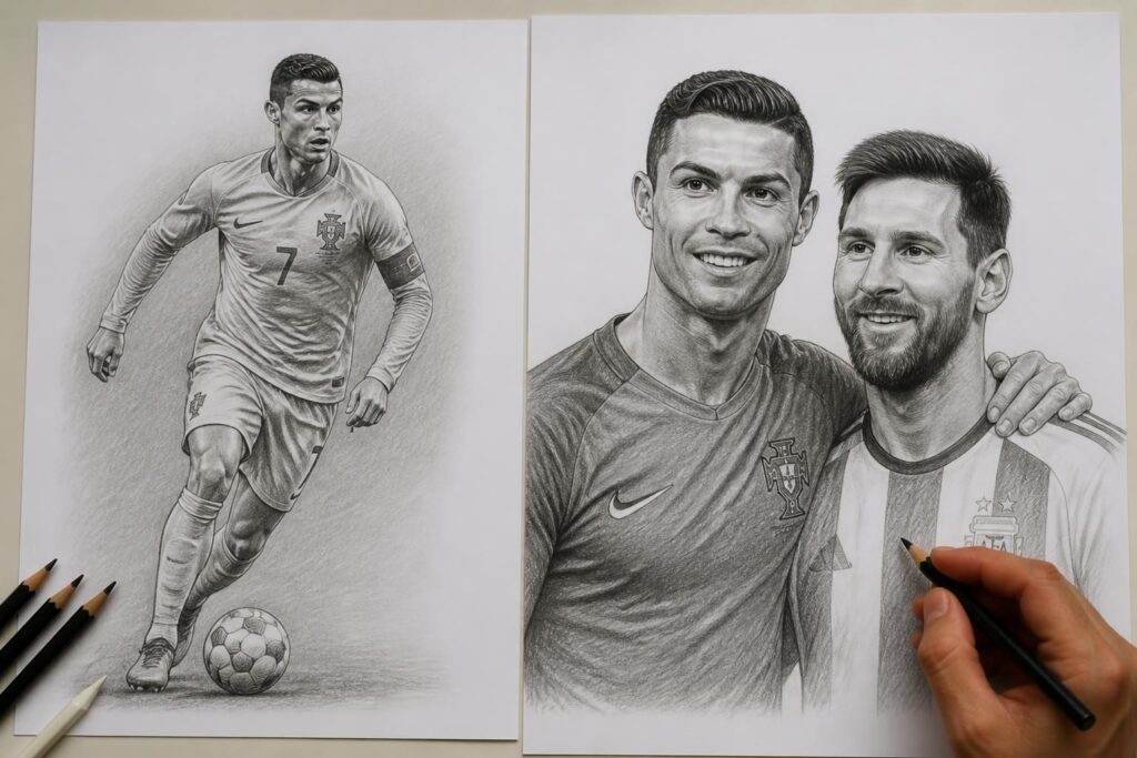 apprenez à dessiner ronaldo facilement et de manière réaliste, que ce soit seul ou accompagné de messi, grâce à notre guide étape par étape.
