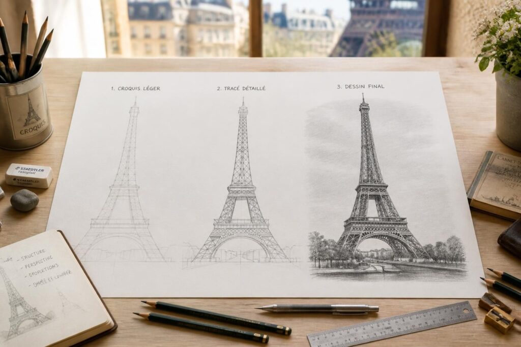 apprenez à dessiner la tour eiffel facilement avec notre guide étape par étape, adapté à tous les niveaux. parfait pour débutants et artistes confirmés.