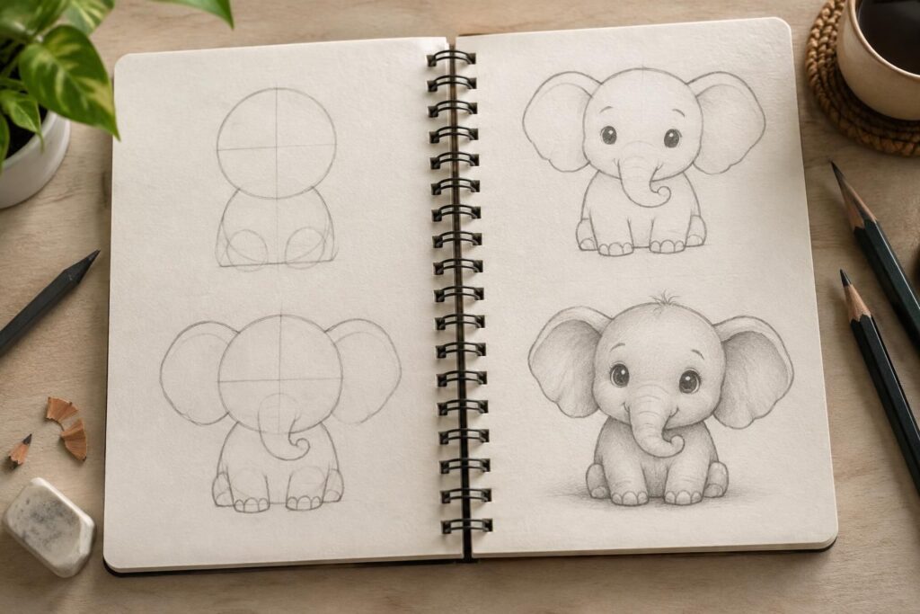 apprenez à dessiner un éléphant facile et mignon grâce à ce tutoriel étape par étape, idéal pour les débutants et les enfants.